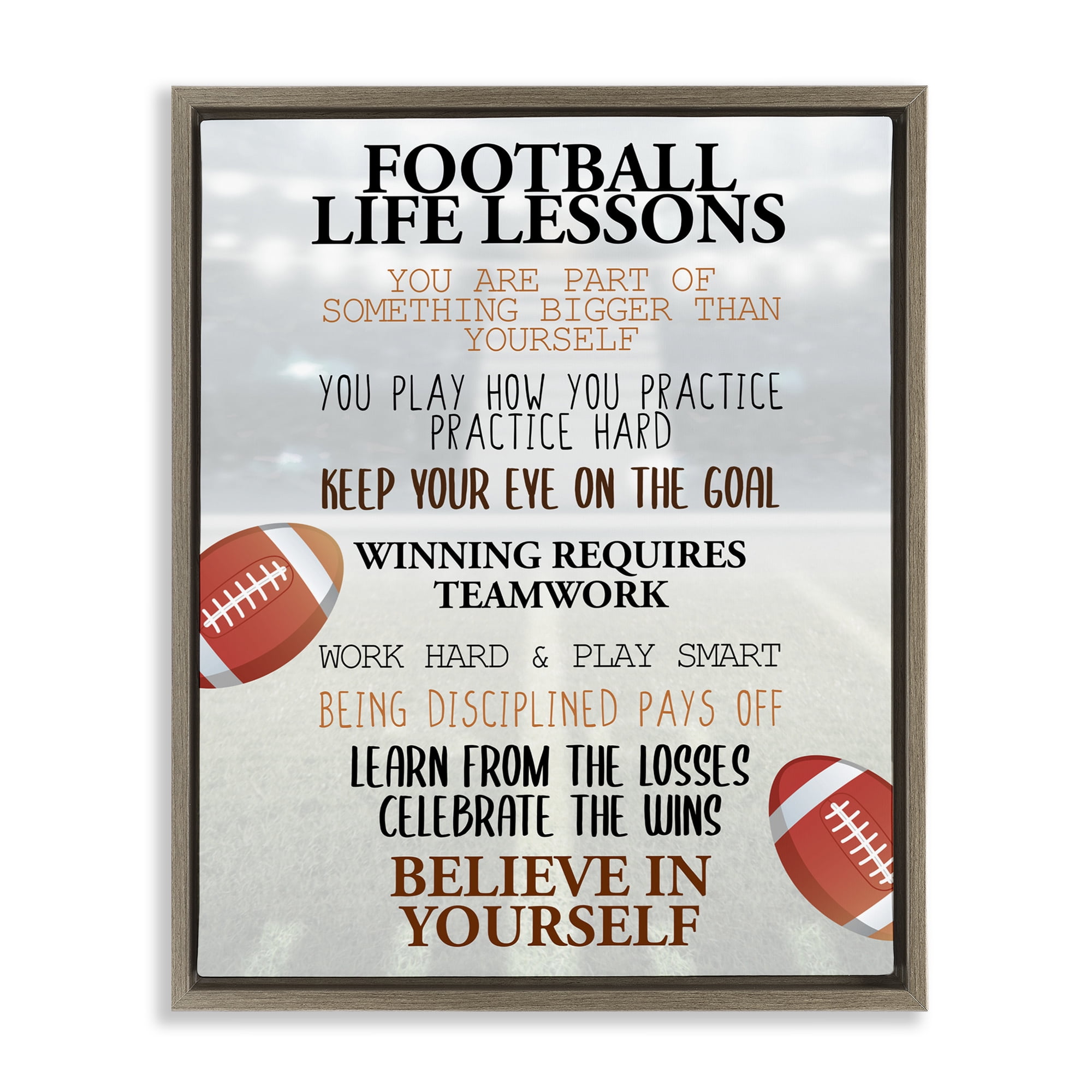 Football Life Lessons Brown Framed Floater Canvas Wall Art, design by Kim Allen