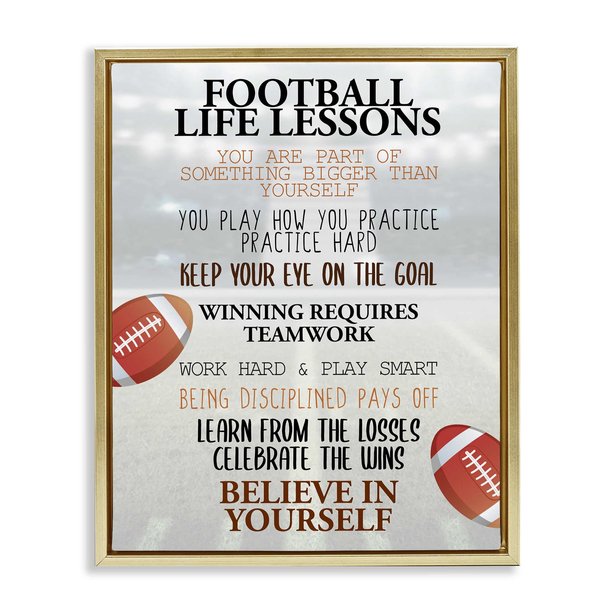 Football Life Lessons Gold Framed Floater Canvas Wall Art, design by Kim Allen