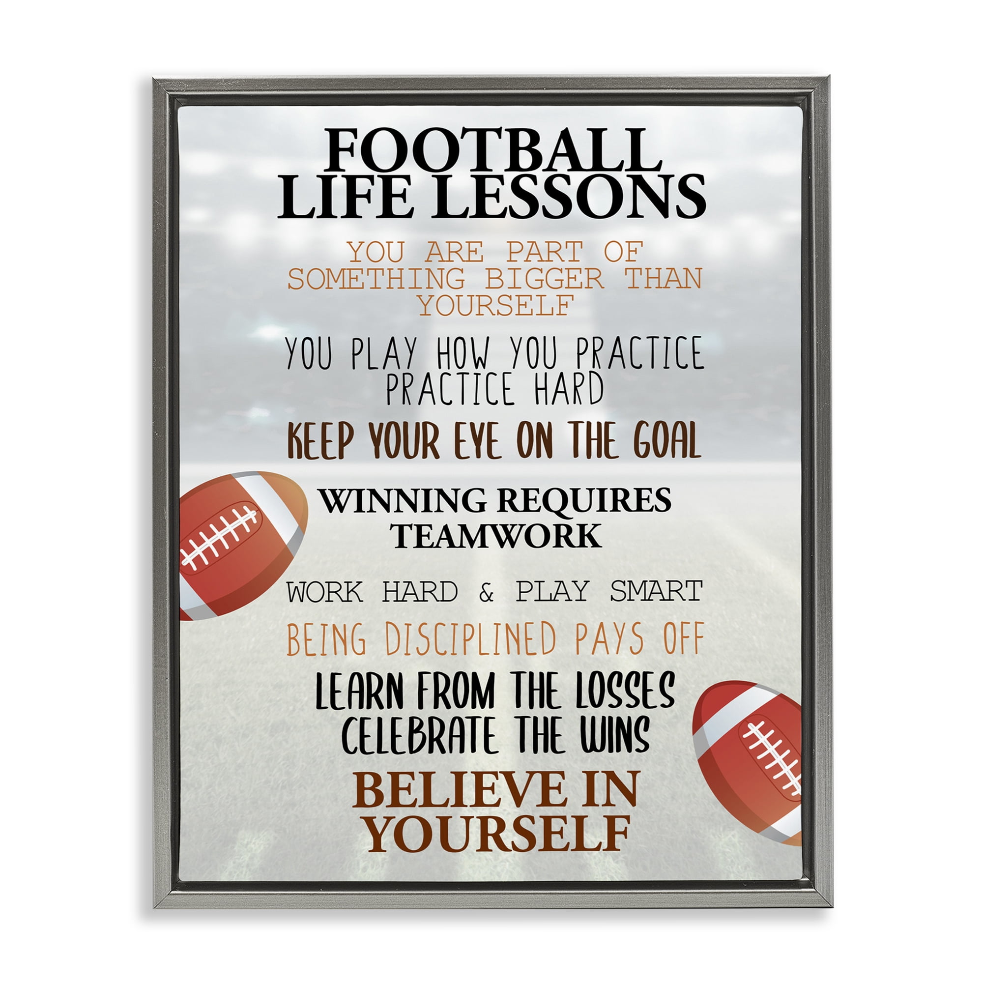 Football Life Lessons Gray Framed Floater Canvas Wall Art, design by Kim Allen