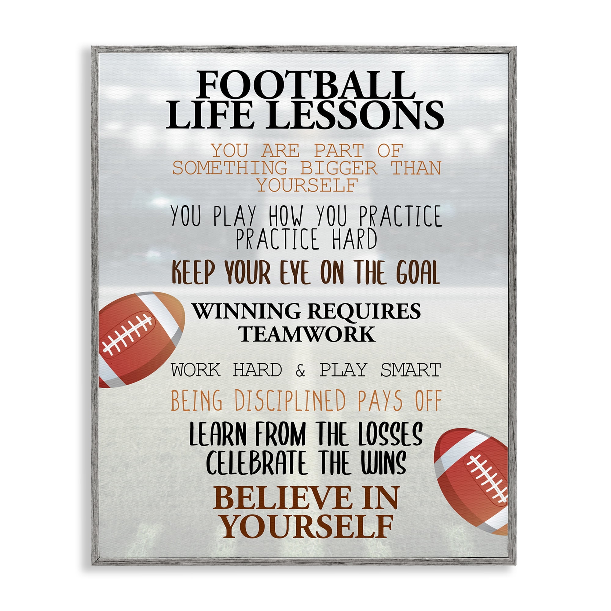 Football Life Lessons Gray Framed Giclee Art, design by Kim Allen