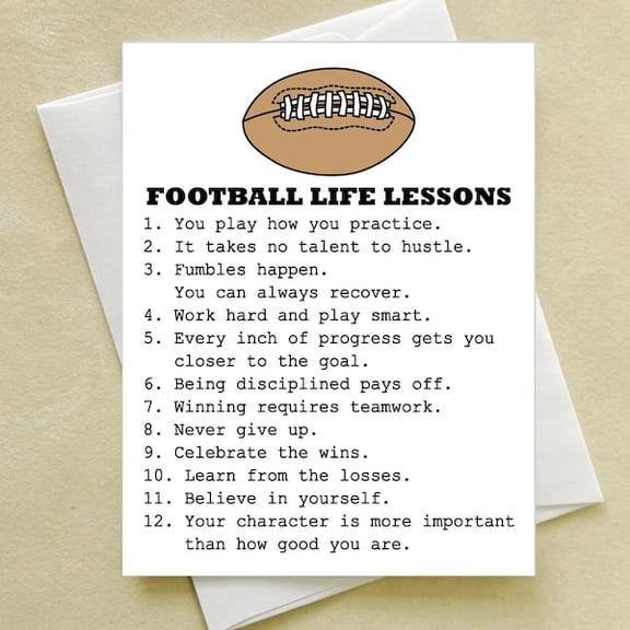Football Life Lessons Greeting Card for Players and Coaches, Inspirational Sports Quotes Note Card with Football Illustration for Sports Fans and Team Members
