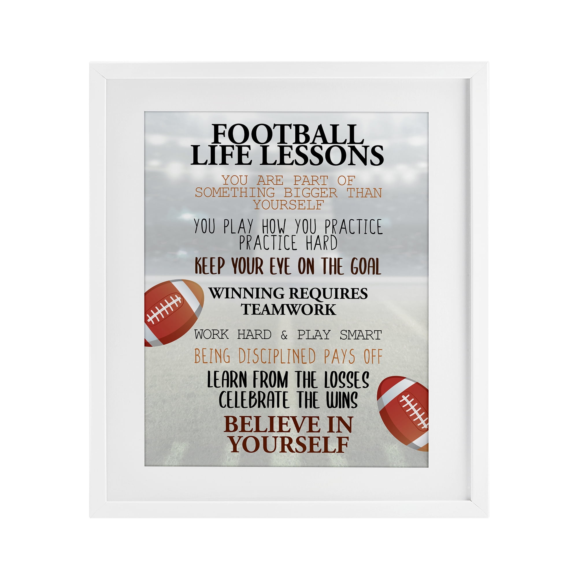 Football Life Lessons White Framed Print Under Glass, design by Kim Allen