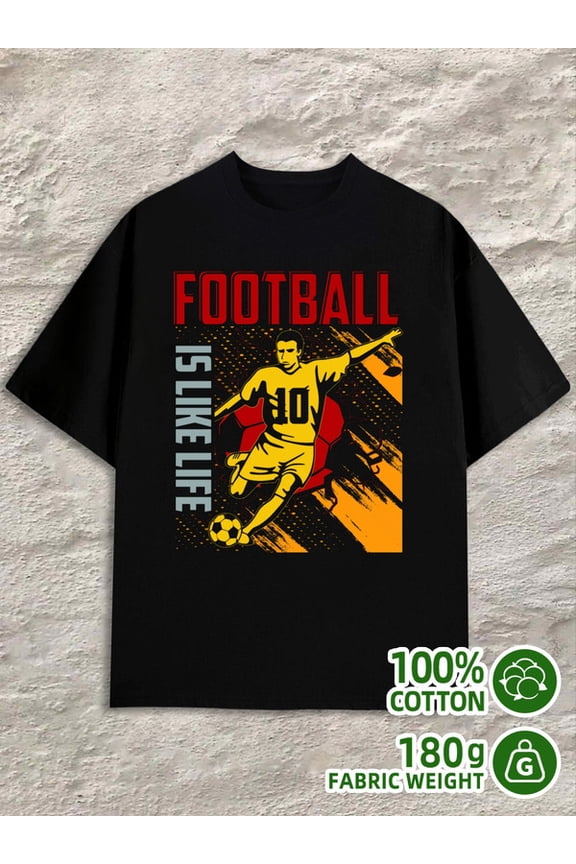 Football Life mens black 180G 100% Cotton printed T-shirts,Streetwear style clothing Unique Design Unisex Shirt Crewneck tshirts Unique Design Unisex Shirt Graphic Tee tshirts