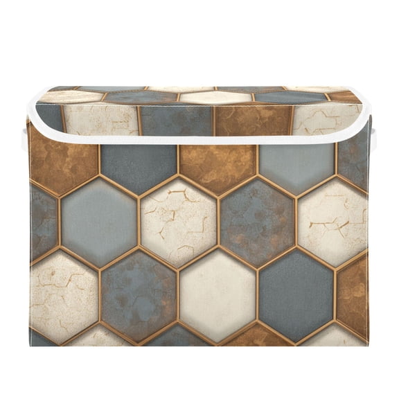 Football Liked Hexagonal Tile Foldable Storage Bin with Lid and Handle Collapsible Storage Box 16.5 x 12.6 x 11.8 inches