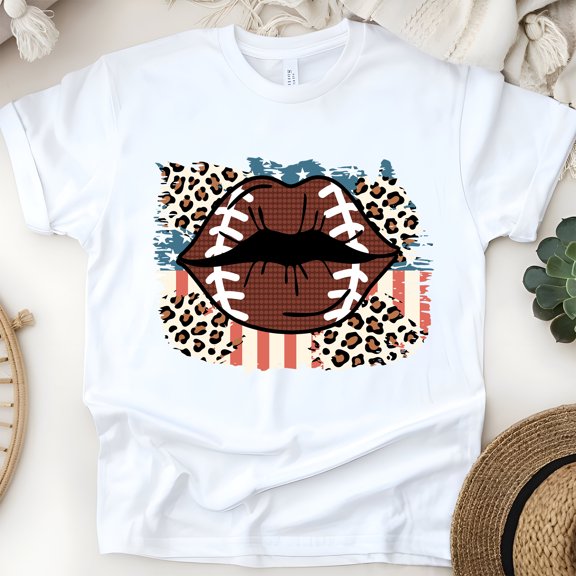 Football Lips T-Shirt | Leopard and Stripe Game Day Graphic Tee, White, Size M
