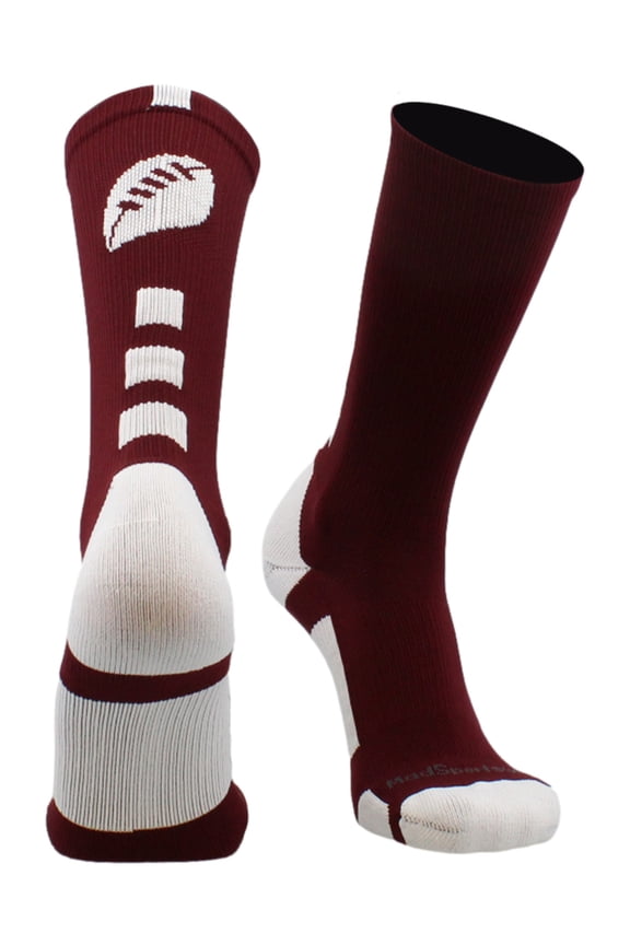 Made in USA Football Socks - Youth & Adult Crew for Flag or Tackle - Maroon/White, Medium - Moisture Wicking Compression