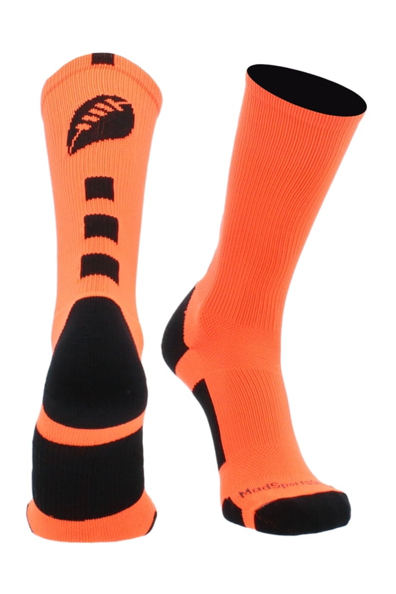 Made in USA Football Socks - Youth & Adult Crew for Flag or Tackle - Neon Orange/Black, Large - Moisture Wicking