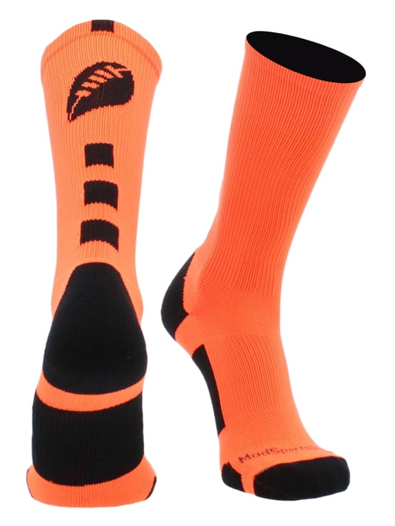 Made in USA Football Socks - Youth & Adult Crew for Flag or Tackle - Neon Orange/Black, Large - Moisture Wicking