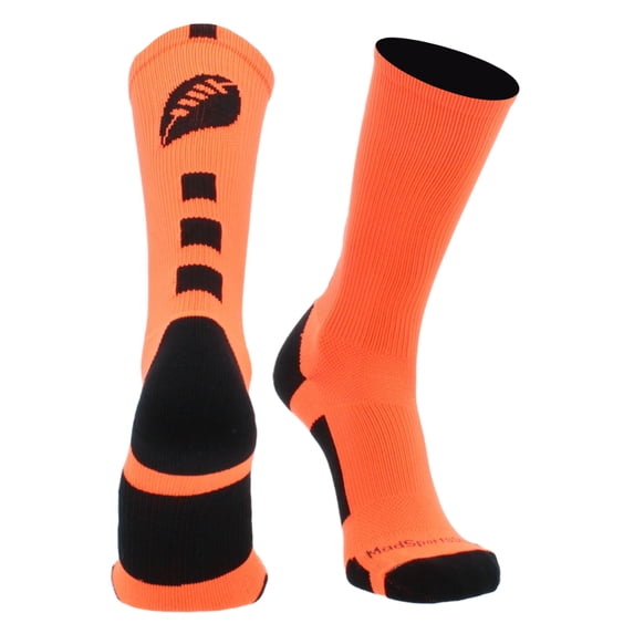 MadSportsStuff Made in USA Football Socks - Youth & Adult Crew for Flag or Tackle - Neon Orange/Black, Medium - Moisture Wicking