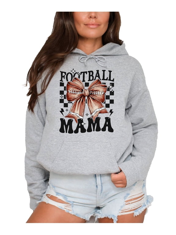 Football Mama Hoodie for Women Cute Coquette Bow Game Day Football Mom Pullover Sweatshirt, Gray Hoodie, M