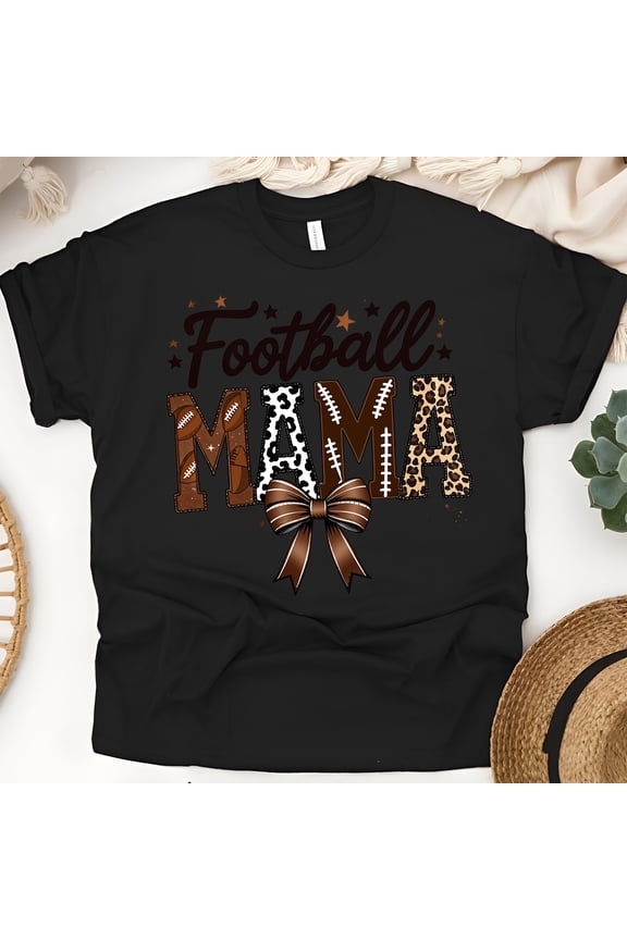 Football Mama Shirt | Leopard Print Bow Graphic Tee for Game Day, Black, Size M