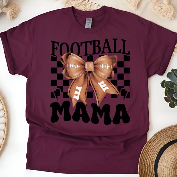Football Mama Shirt | Retro Checkered Bow Game Day Tee for Women, Maroon, Size S