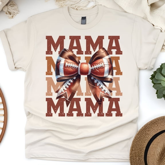 Football Mama T-Shirt | Cute Bow Game Day Graphic Tee for Moms, Natural, Size S