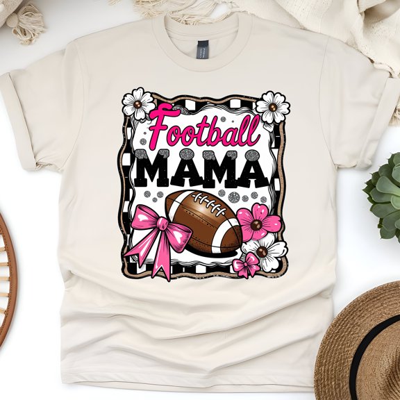 Football Mama T-Shirt | Pink Bow and Floral Game Day Graphic Tee, Natural, Size S