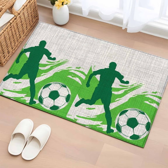 Football Match 2'x3' Rug for Entryway Front Door Kitchen Sink Area, Soccer Sport Player Silhouette Green Abstract Waves Lines Low Pile Washable Non Slip Rectangle Area Rug