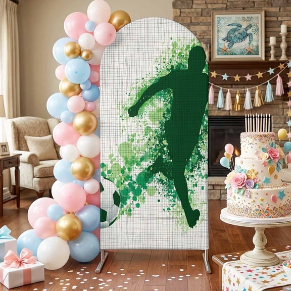 Football Match Arch Backdrop Covers 4 FT, Soccer Sport Player Silhouette Abstract Green Waves Stretchy Fitted Arched Stand Covers Party Arch Stand Cover Photo Booth for Wedding Birthday Decor