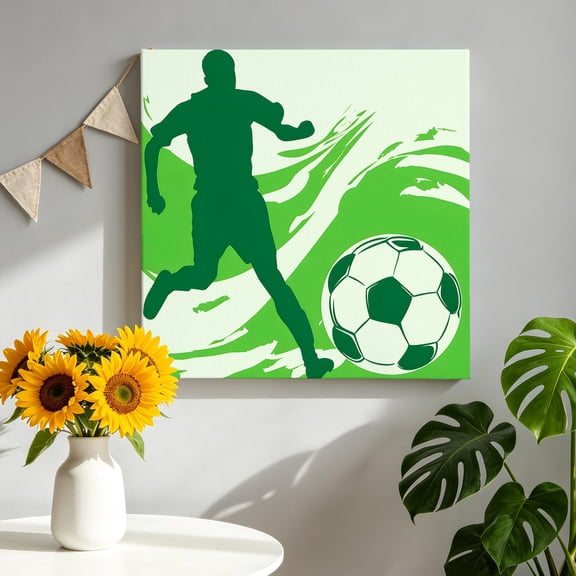 Football Match Canvas Wall Art for Living Room, Soccer Sport Kick Silhouette Green Abstract Waves Lines Poster Print Painting for Bedroom Office Home Decoration Wall Pictures Prepare To Hang 8"x8"