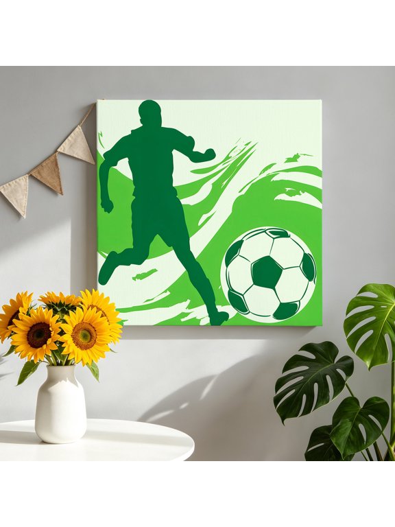 Football Match Canvas Wall Art for Living Room, Soccer Sport Kick Silhouette Green Abstract Waves Lines Poster Print Painting for Bedroom Office Home Decoration Wall Pictures Prepare To Hang 8"x8"