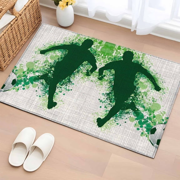 Football Match Entryway Rug 2'x3' Soccer Sport Player Silhouette Abstract Green Waves Small Area Rug Non-Slip Front Door Mat Washable Floor Carpet for Indoor Entrance Kitchen Bathroom