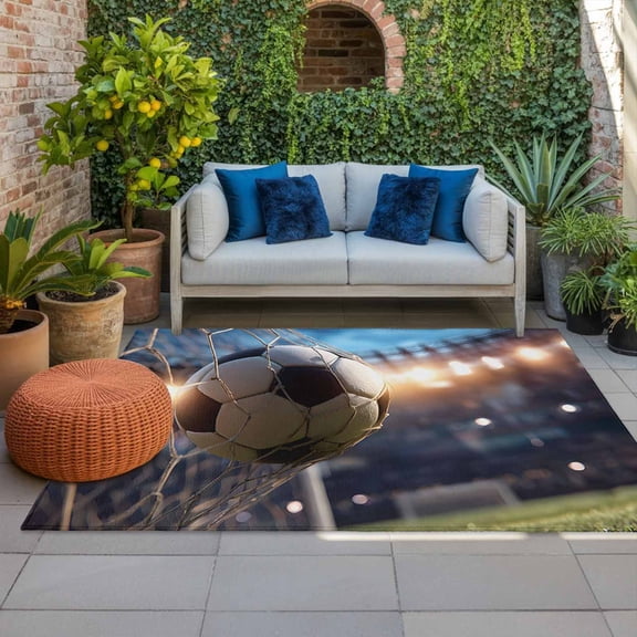 Football Match Indoor Outdoor Rugs 4x6 Ft, Evening Match Dramatic Soccer Sport Green Grass Outdoor Patio Rugs Mat Washable Outside Area Rugs Carpet for Porch Deck RV Camping Pool Balcony Backyard