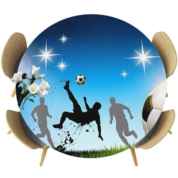 Football Match Round Tablecloth 36-44 Inch Round Fitted Table Cloth with Elastic Edge, Ball Stadium Gaming Goal Silhouette Waterproof Table Cover Protector for Outdoor Picnic Party Dining
