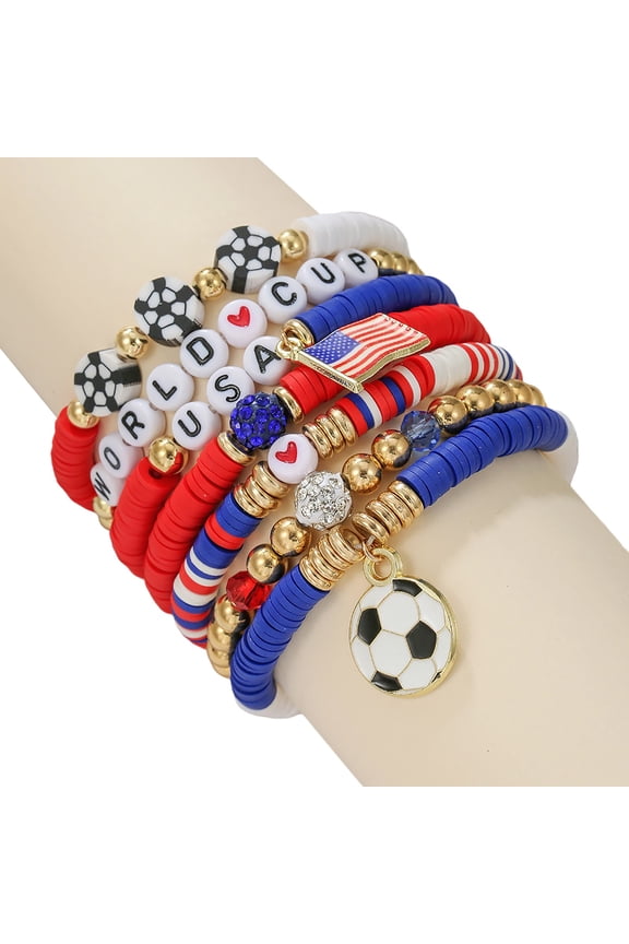 Football Match Themed Bracelet Set Featuring Beaded English Letters Flag And Alloy Pendant Jewelry
