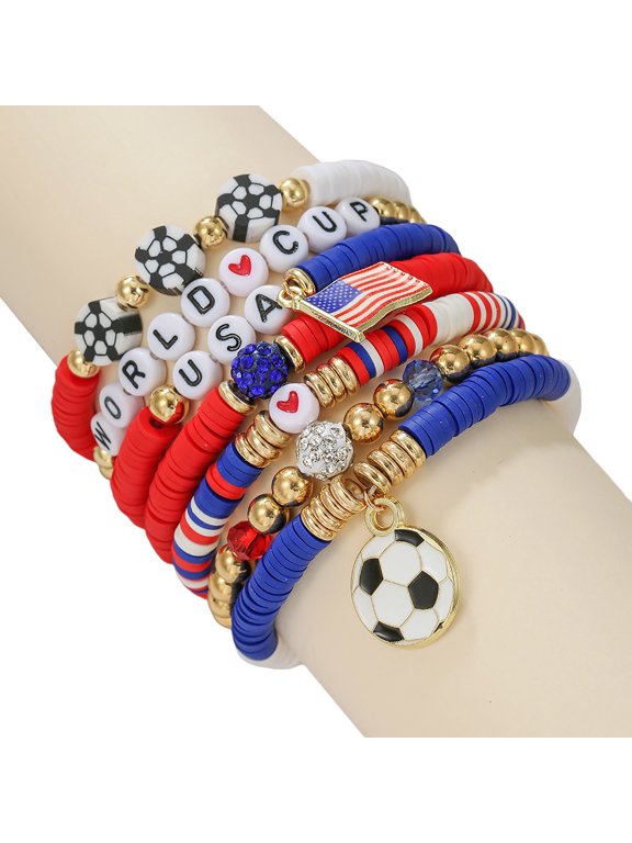Football Match Themed Bracelet Set Featuring Beaded English Letters Flag And Alloy Pendant Jewelry