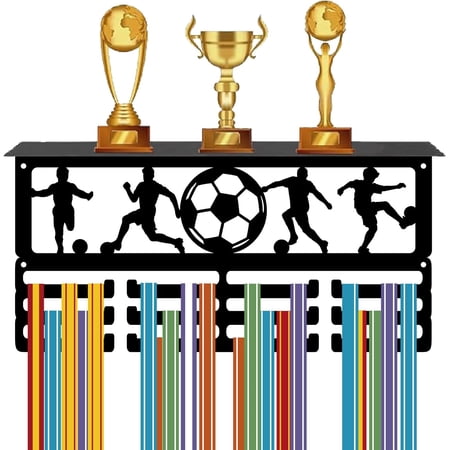 Football Medal Display Trophy Shelf Stand Black Metal Iron Wall Mount Hold 60+ Medals Awards Ribbons Rack Hanger Holder with 12 Hooks