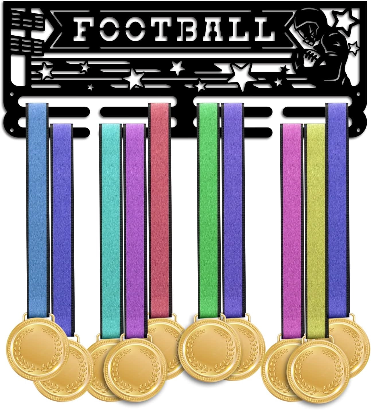Football Medal Hanger Holder Medal Display Rack Hanger Awards Ribbon Cheer 2 Lines Sport Award Rack Wall Mount Iron Frame for Over 50 Medals Necklace Jewelry 15.75 Inch Black