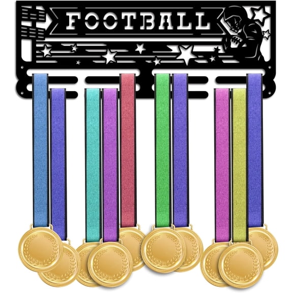 Football Medal Hanger Holder Medal Display Rack Hanger Awards Ribbon Cheer 2 Lines Sport Award Rack Wall Mount Iron Frame for Over 50 Medals Necklace Jewelry 15.75 Inch Black