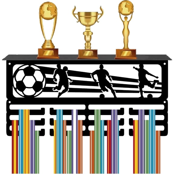 Football Medal Hanger Soccer Medal Display with Shelf Trophy Rack Sports Awards Trophy Ribbons Metal Hooks Organizer for Wall Mount Frame Hold 60+ Medals Athletes Players 15.7x8x4 Inch