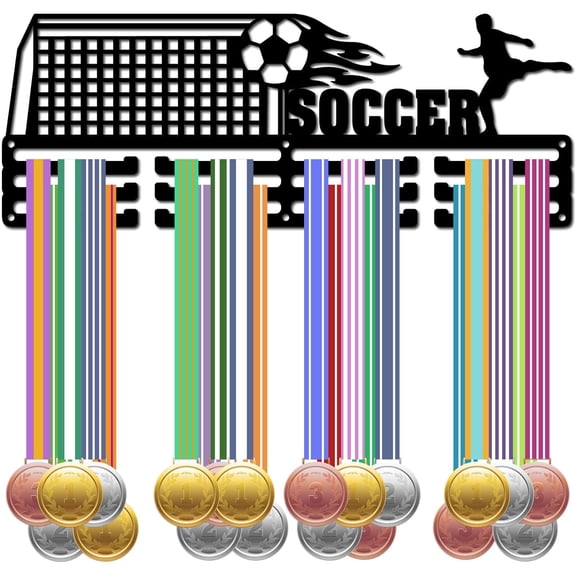 Football Medal Hanger Soccer Medal Holder Display Sports Medals Rack Frame Wall Mounted Hangers Black Iron Shelf Holders for Hanging 60 Awards Basketball Sporter 15.7x5.9Inch-SOCCER Black 1set
