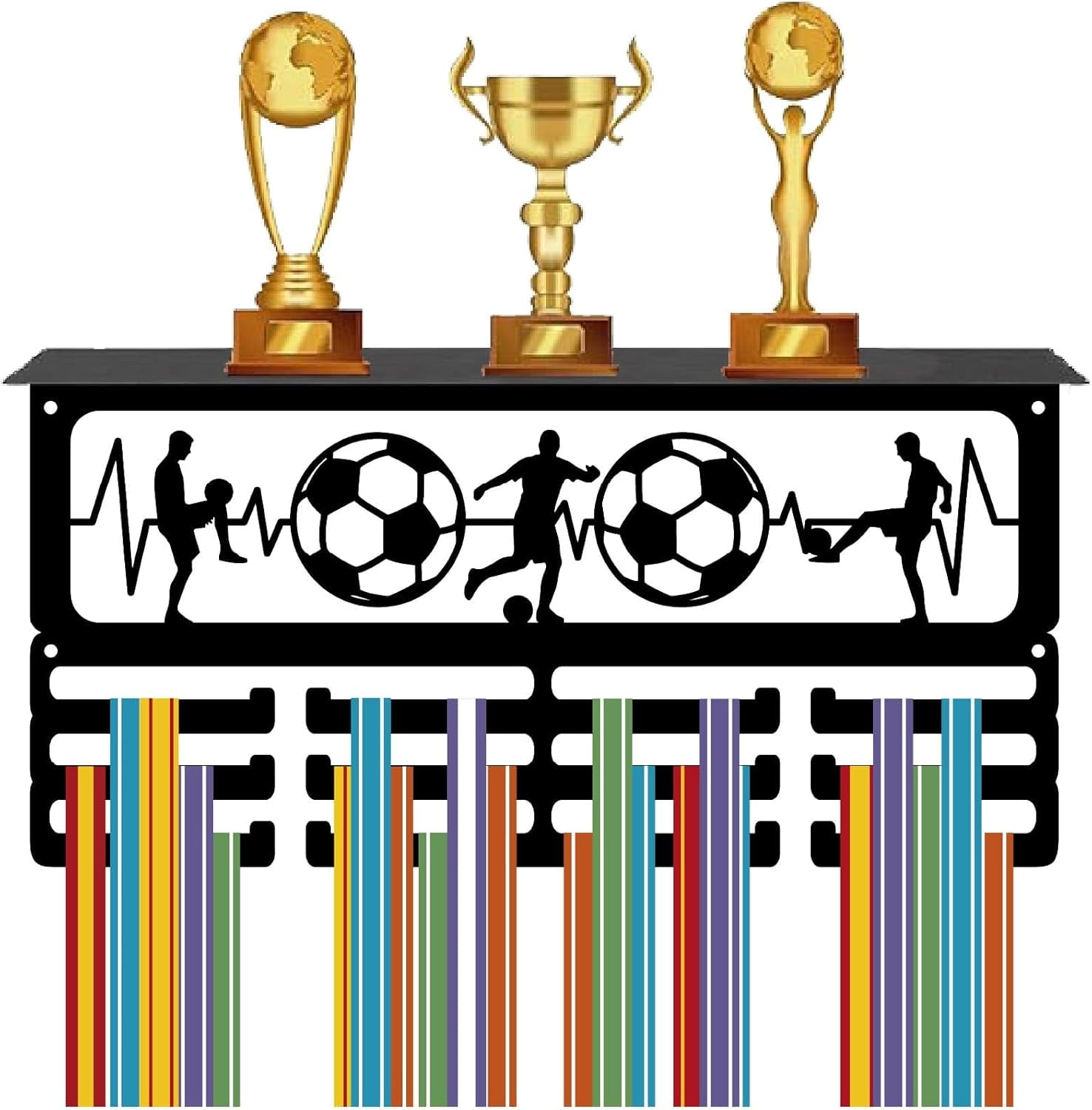 Football Medal Hanger Trophy and Medal Display Shelf with 12 Hooks Soccer Electrocardiogram Design Sports Awards Holder Lanyard Ribbons Wall Mount Decor for Athletes 15.7x8x4 Inch Black 1set