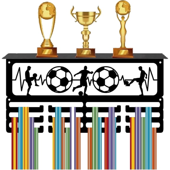 Football Medal Hanger Trophy and Medal Display Shelf with 12 Hooks Soccer Electrocardiogram Design Sports Awards Holder Lanyard Ribbons Wall Mount Decor for Athletes 15.7x8x4 Inch Black 1set
