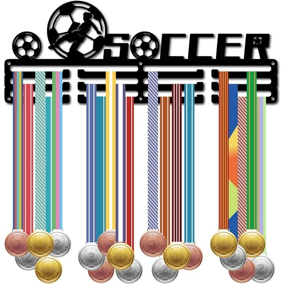 Football Medal Holder Display Hanger Soccer Medal Wall Mount Frame Shelf Sports Medals Hanger Black Wall Decor Medal Organizer Rack for Hanging 50 Medals Ribbon Runner Football 15.7x6 Inch