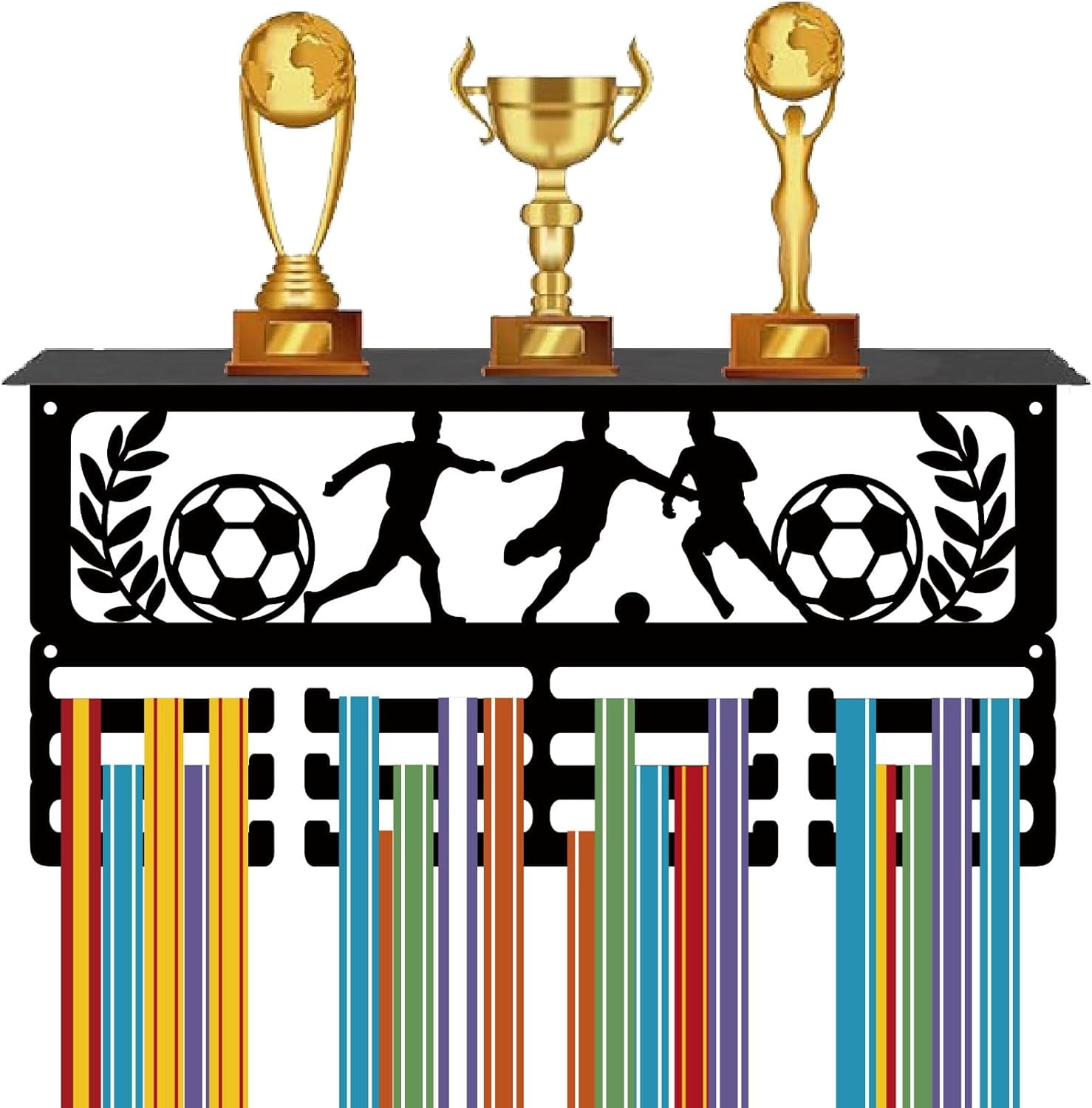 Football Medal Holder Display Trophy Shelf Soccer Metal Awards Rack with 12 Hooks Shelf Organizer Wall Mounted Decor