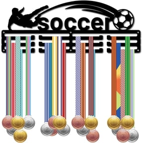 Football Medal Holder Iron Medal Hanger Rack 3 Lines Wall Mounted Multiple Award Holder Display Rack Separate Hooks for DIY Soccer Sports Winners Memorial Medal Hanger Decorative 15.7x5.9in