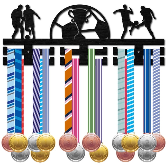 Football Medal Holder Sport Medal Rack Wall Mount Race Awards Storage Hanger 2 Rows Separate Hooks for Soccer Athletes Competition 15.7x5.9in