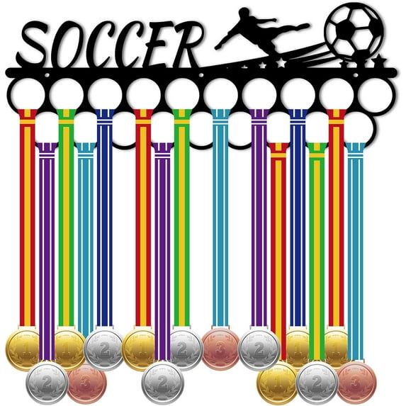 Football Medal Holder Sport Medals Display Hanger Rack Wall Mount Decor Stand Black Iron Medal Holder Frame with 19 Hole for Sports Home Medalist Running Soccer Games 6x15.7Inch