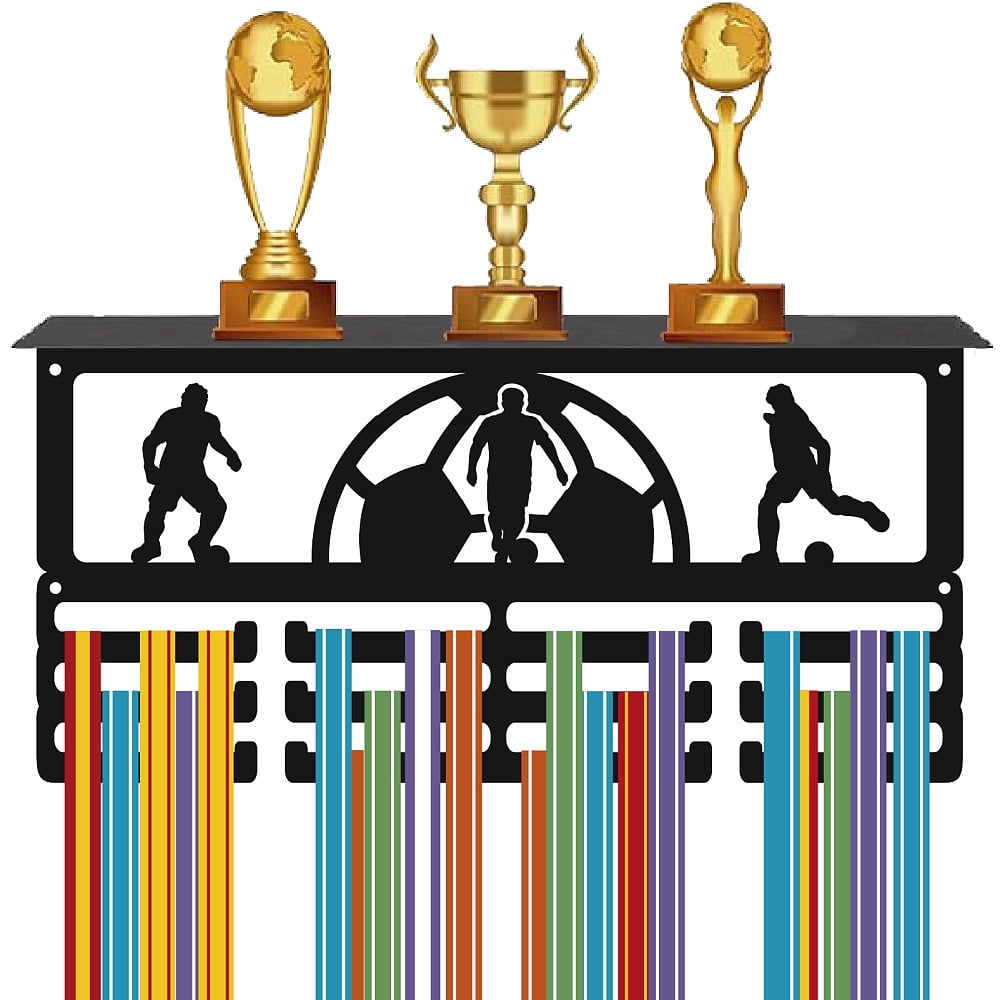 Football Medal Holder Trophy Award Shelf Display with 12 Hooks Soccer Metal Medal Hanger