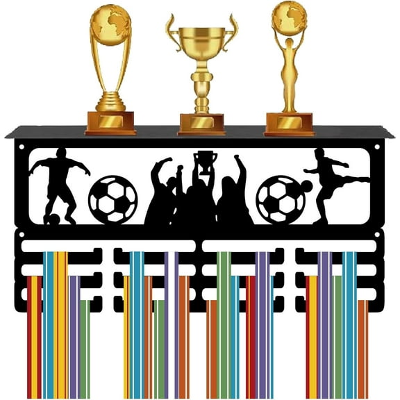 Football Medal Holder Trophy Display Shelf Metal Rectangle Black Wall Mount Iron Athletes Ribbon Awards Rack Hanger Stand for Hold 60+ Medals Home Sporter Medalist Cheer 15.7 x 7.9 Inch