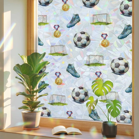 Football Medal Training Day Window Privacy Film, Rainbow Film Decorative Window Sticker 17.7x39.3in, Soccer Equipment Icons Sun Blocking Static Stained Glass Cling Tint Non-Adhesive