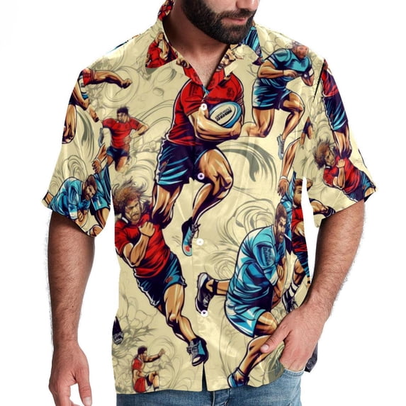 Football Men's Short Sleeve Beach Shirts, Casual Printed Button Down Poplin Shirt Summer.