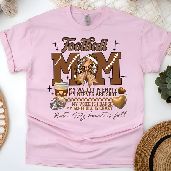 Football Mom My Heart Is Full Shirt | Funny Game Day Graphic Tee, Light Pink, Size S