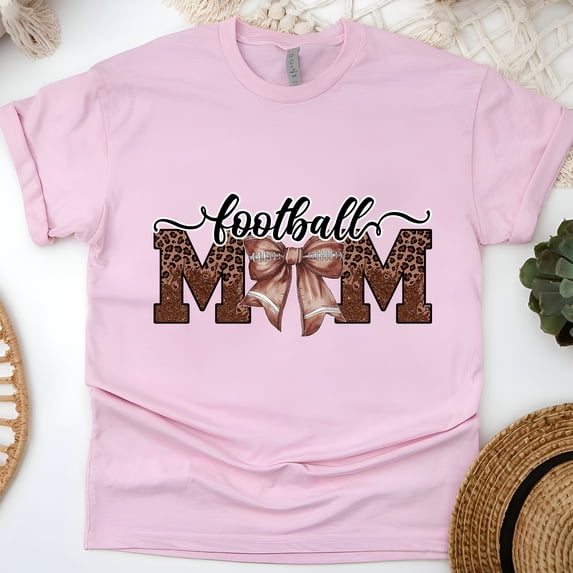 Football Mom Shirt | Leopard Print Bow Graphic Tee for Game Day, Light Pink, Size L