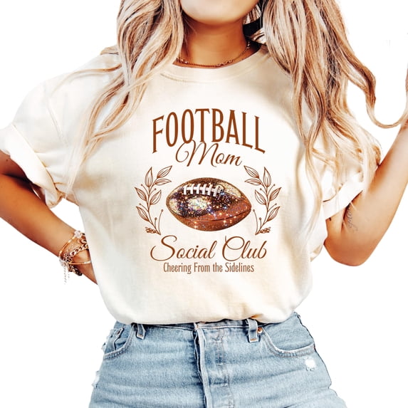Football Mom Social Club Shirt for Women Faux Glitter Cheering from the Sidelines Oversized Tee Ivory Shirt Adult 2X-Large