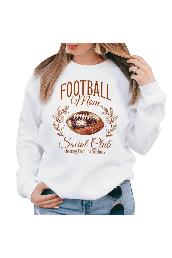 Football Mom Social Club Sweatshirt Faux Glitter Cheering from the Sidelines Football Pullover White Sweatshirt Medium