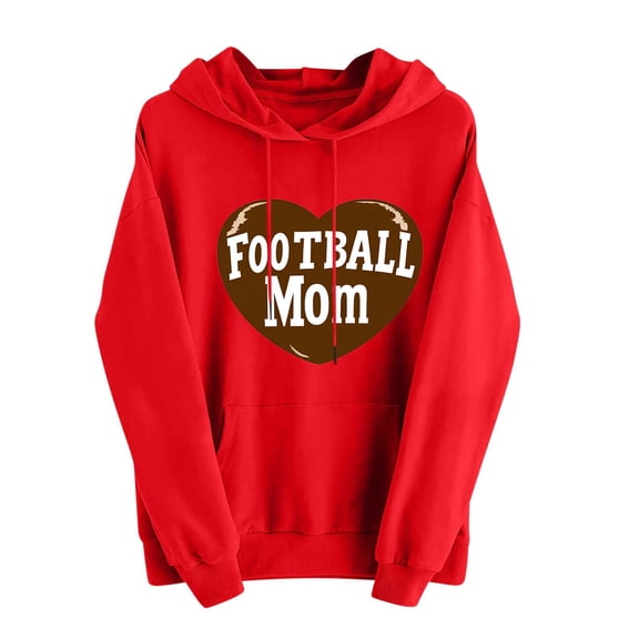 Football Mom Sweatshirt for Women Lightweight Game Day Hoodies Drawstring with Pocket Pullover Funday Long Sleeve Tops, Red, S
