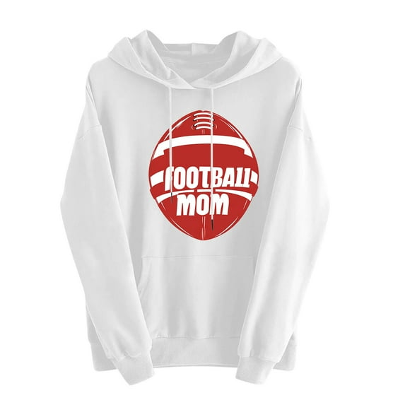 Football Mom Sweatshirt for Women Lightweight Game Day Hoodies Drawstring with Pocket Pullover Funday Long Sleeve Tops, White, M
