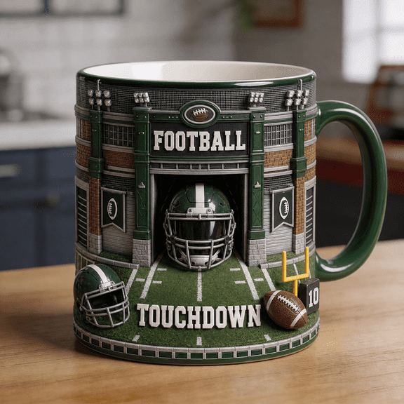 Football Mug 3D Effect Touchdown Coffee Cup with Football Field & Helmet for Fans